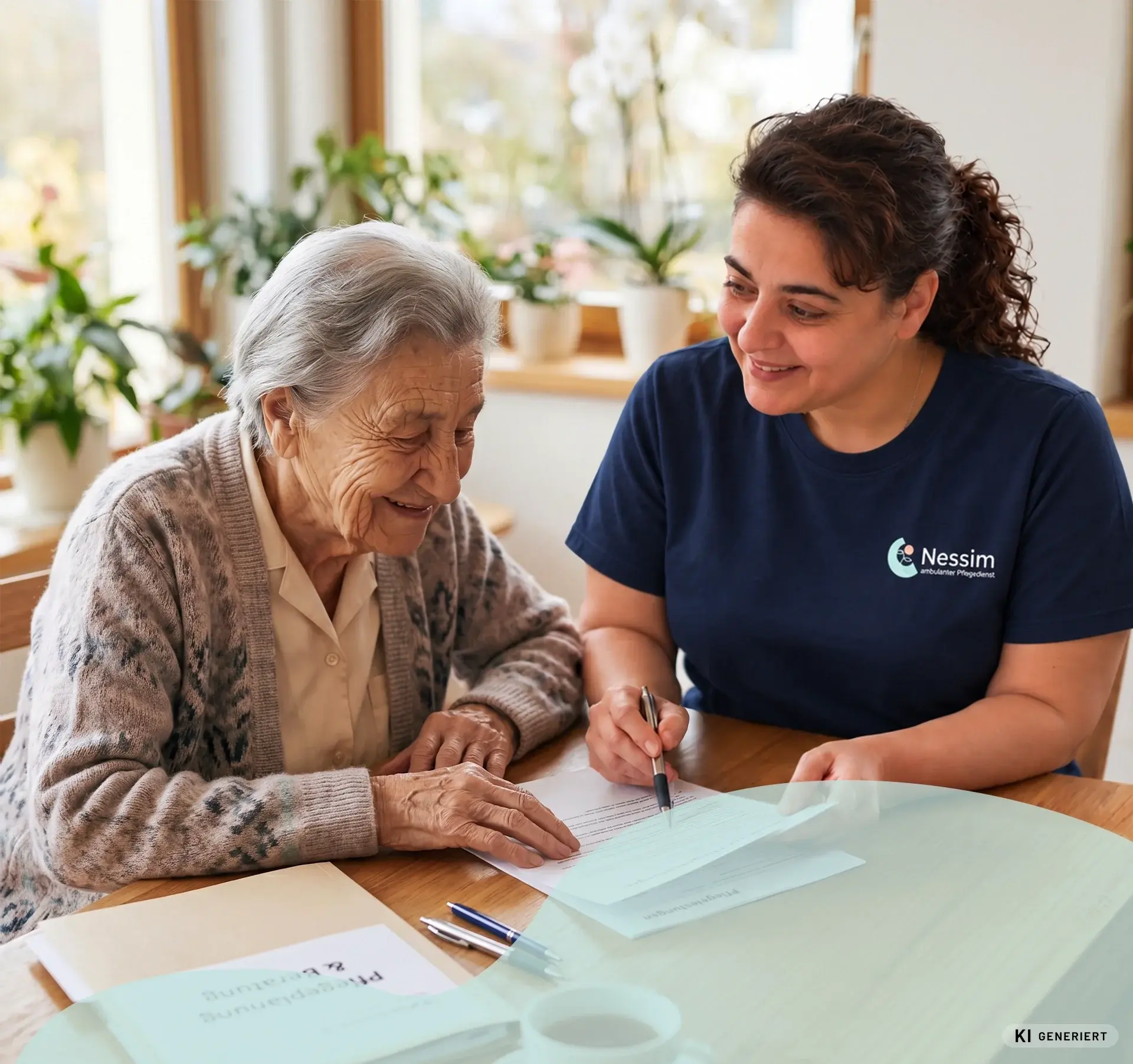 Eine Pflegerin im Nessim-Shirt geht mit einer älteren Frau am Tisch ein Formular durch