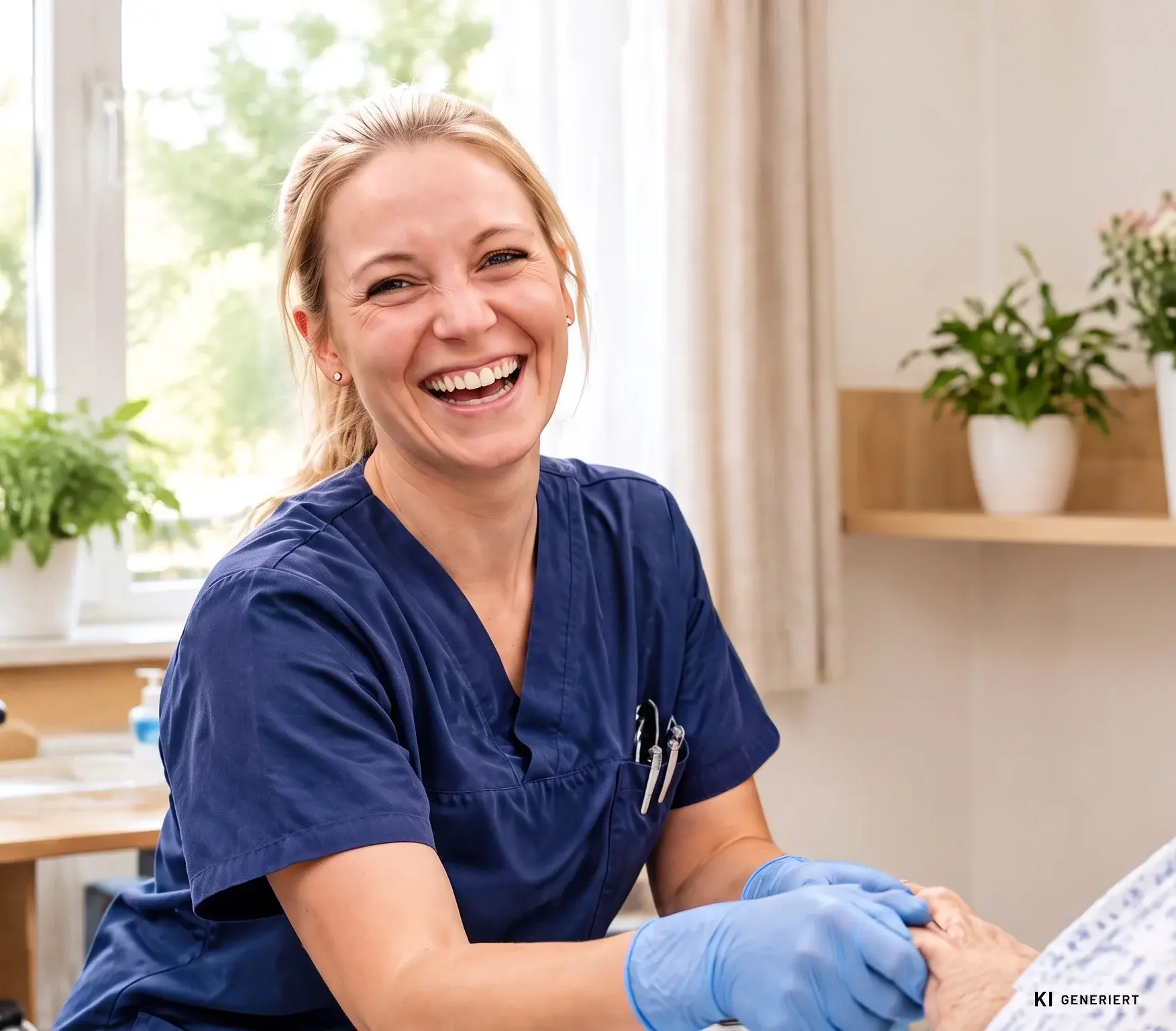 Eine Pflegerin lacht am Bett einer älteren Patientin und hält ihre Hand