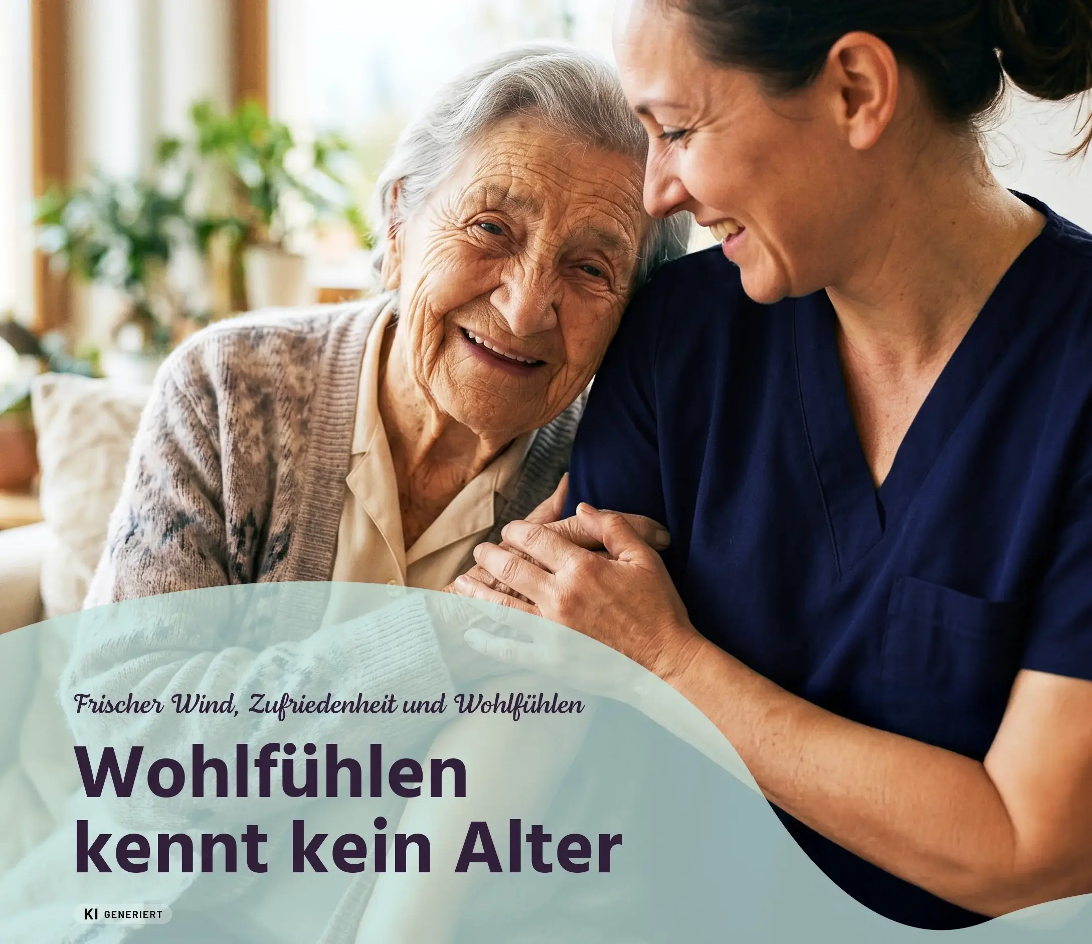 Eine ältere Frau lehnt sich lächelnd an eine Pflegerin von Nessim, die ihre Hand hält
